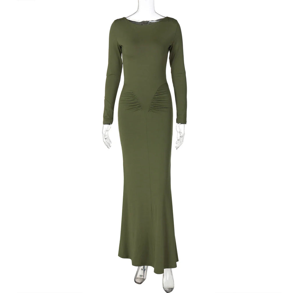 Elegant Long Sleeve Draped Bodycon Maxi Dress for Evening Parties and Festivals with Stylish Y2K Inspiration