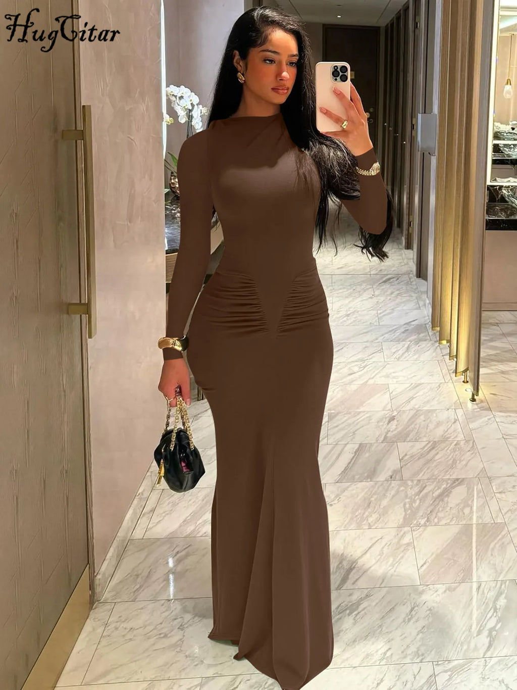 Elegant Long Sleeve Draped Bodycon Maxi Dress for Evening Parties and Festivals with Stylish Y2K Inspiration