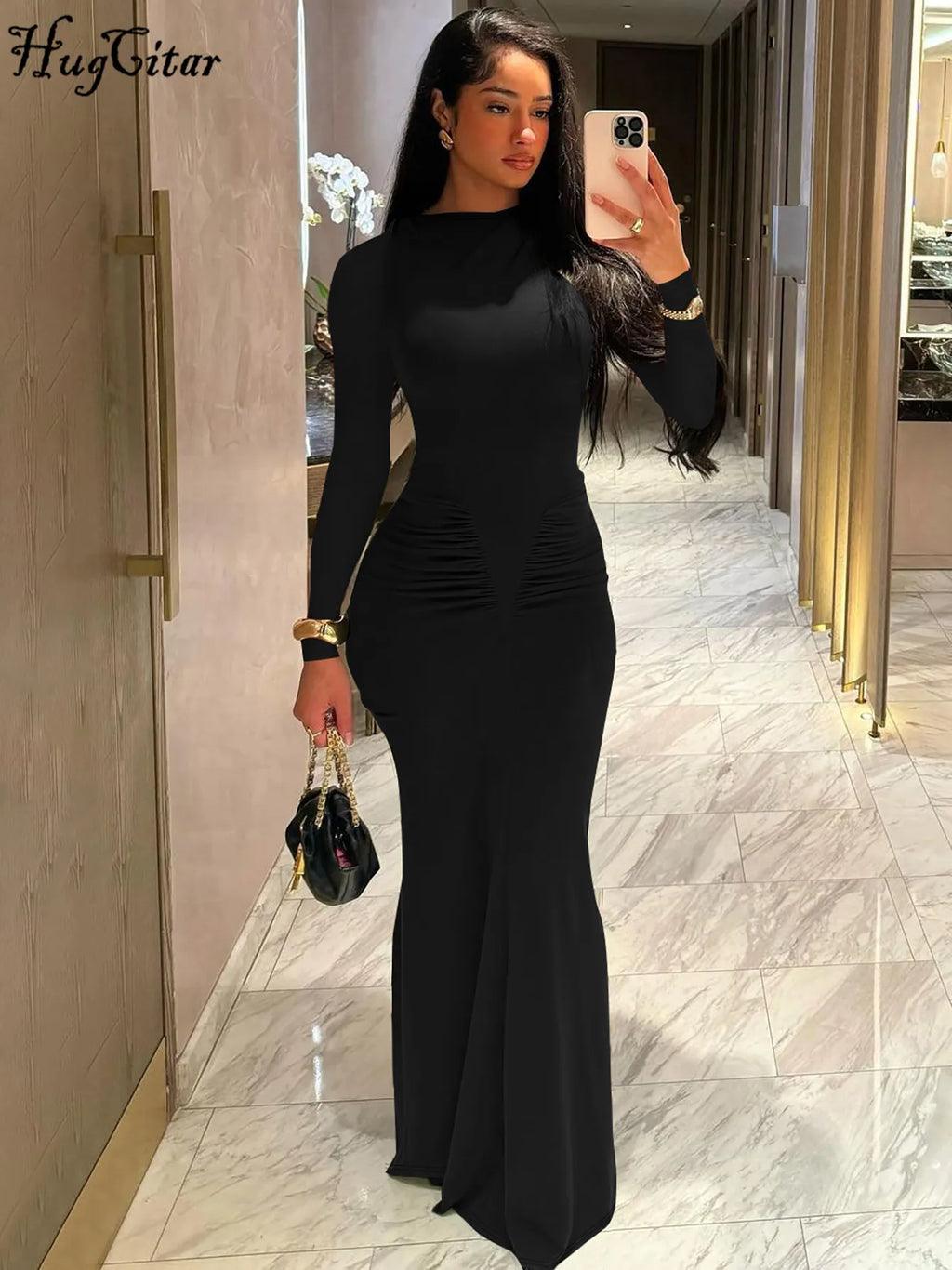 Elegant Long Sleeve Draped Bodycon Maxi Dress for Evening Parties and Festivals with Stylish Y2K Inspiration