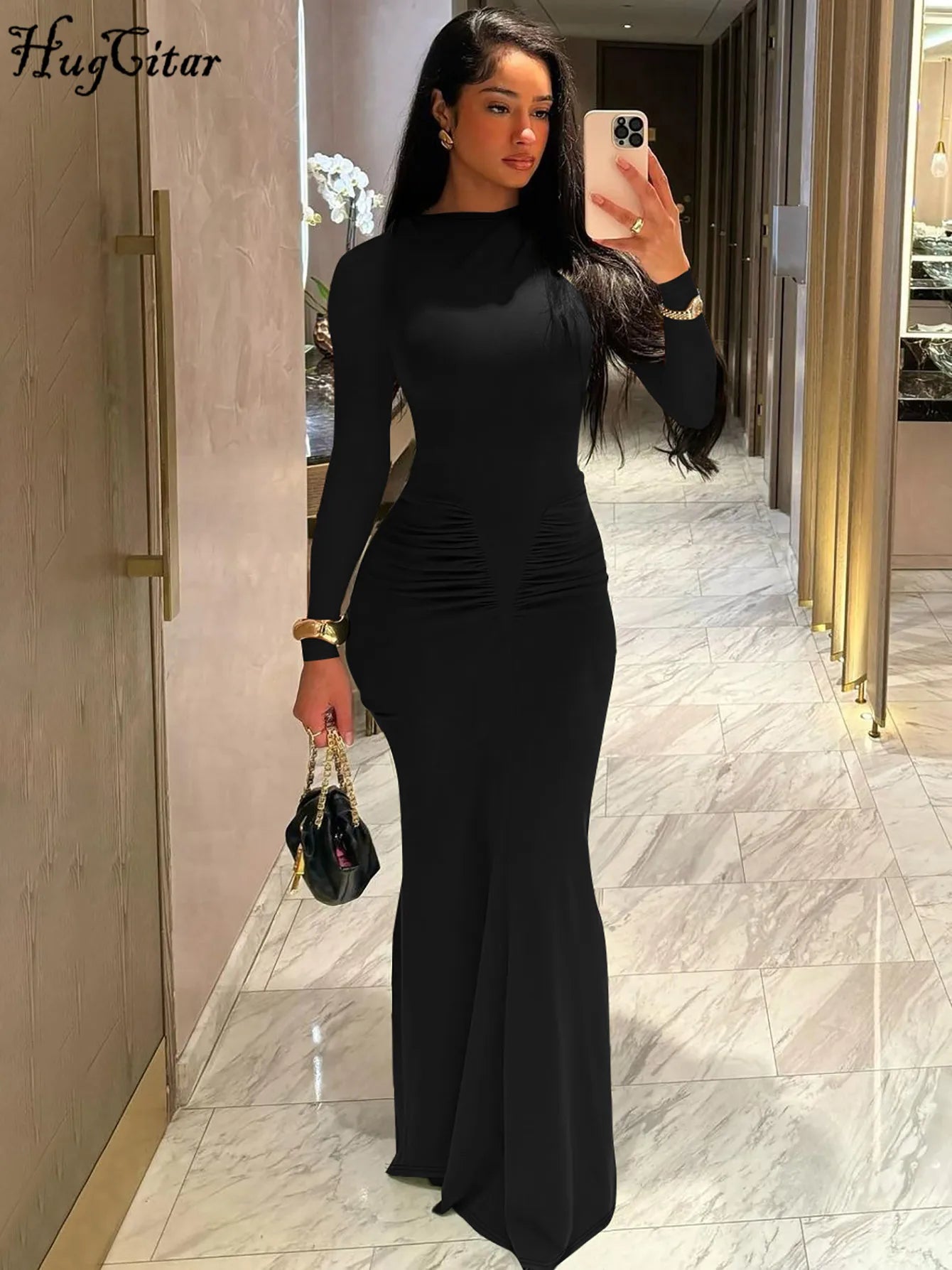 Elegant Long Sleeve Draped Bodycon Maxi Dress for Evening Parties and Festivals with Stylish Y2K Inspiration