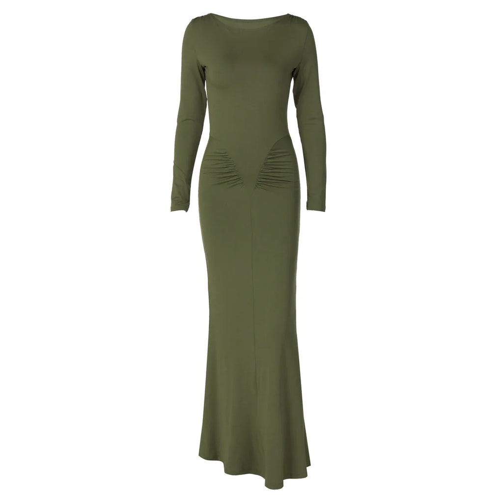 Elegant Long Sleeve Draped Bodycon Maxi Dress for Evening Parties and Festivals with Stylish Y2K Inspiration