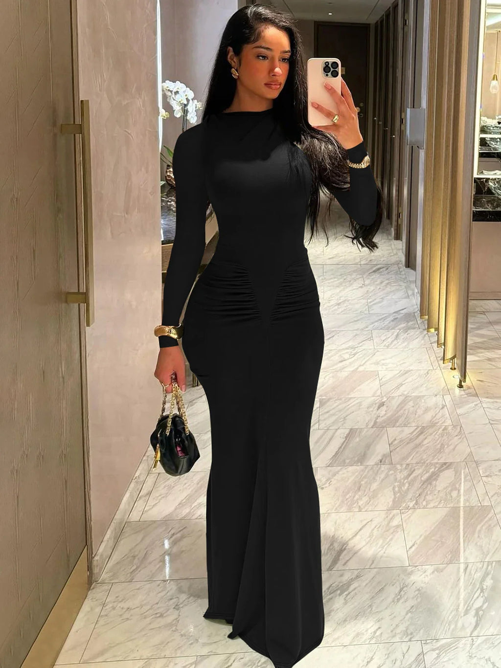 Elegant Long Sleeve Draped Bodycon Maxi Dress for Evening Parties and Festivals with Stylish Y2K Inspiration