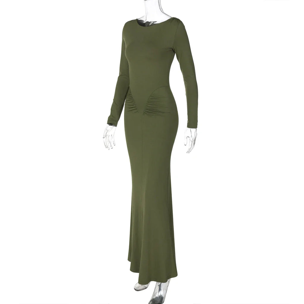 Elegant Long Sleeve Draped Bodycon Maxi Dress for Evening Parties and Festivals with Stylish Y2K Inspiration