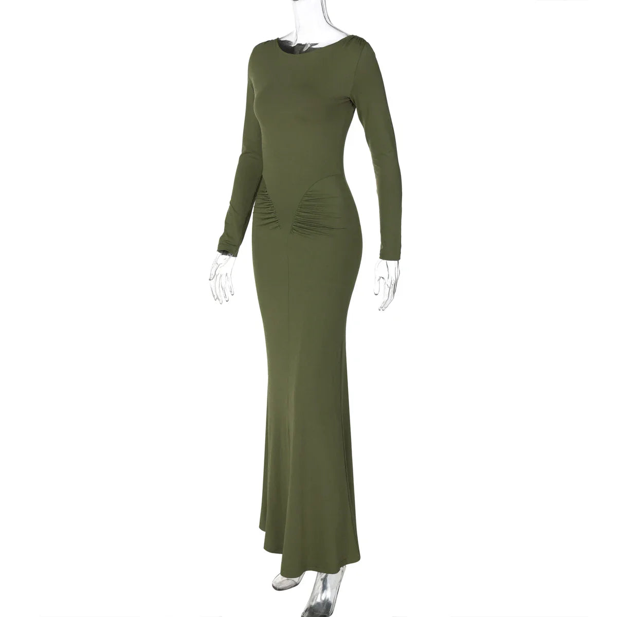 Elegant Long Sleeve Draped Bodycon Maxi Dress for Evening Parties and Festivals with Stylish Y2K Inspiration