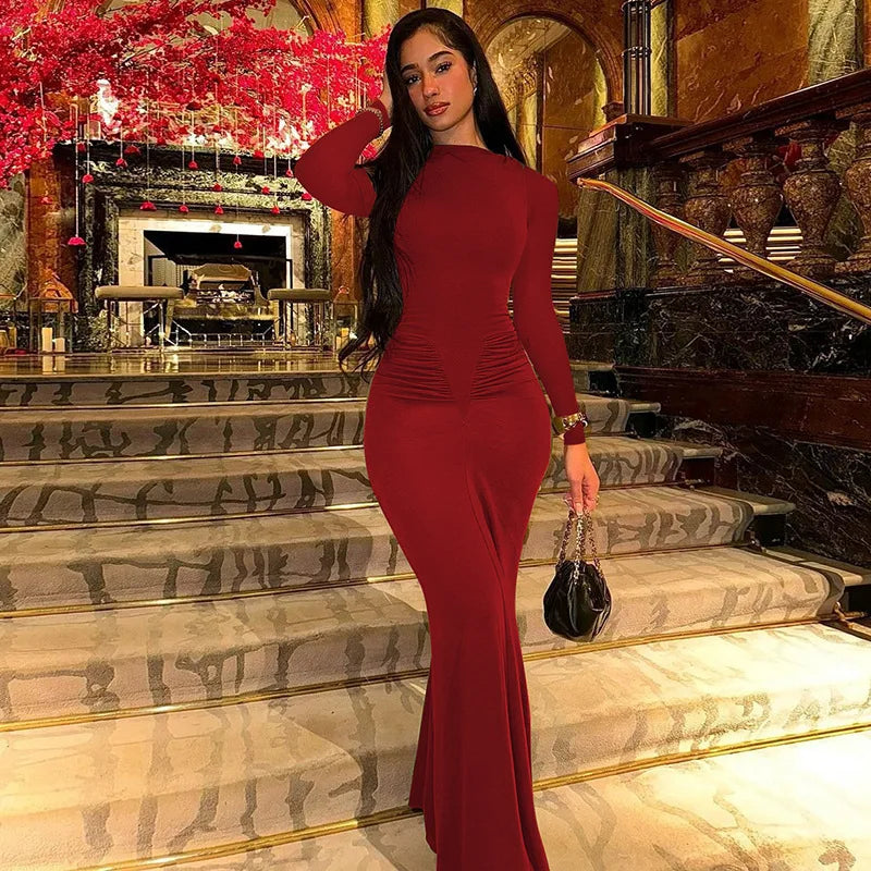 Elegant Long Sleeve Draped Bodycon Maxi Dress for Evening Parties and Festivals with Stylish Y2K Inspiration
