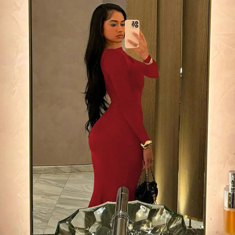 Elegant Long Sleeve Draped Bodycon Maxi Dress for Evening Parties and Festivals with Stylish Y2K Inspiration