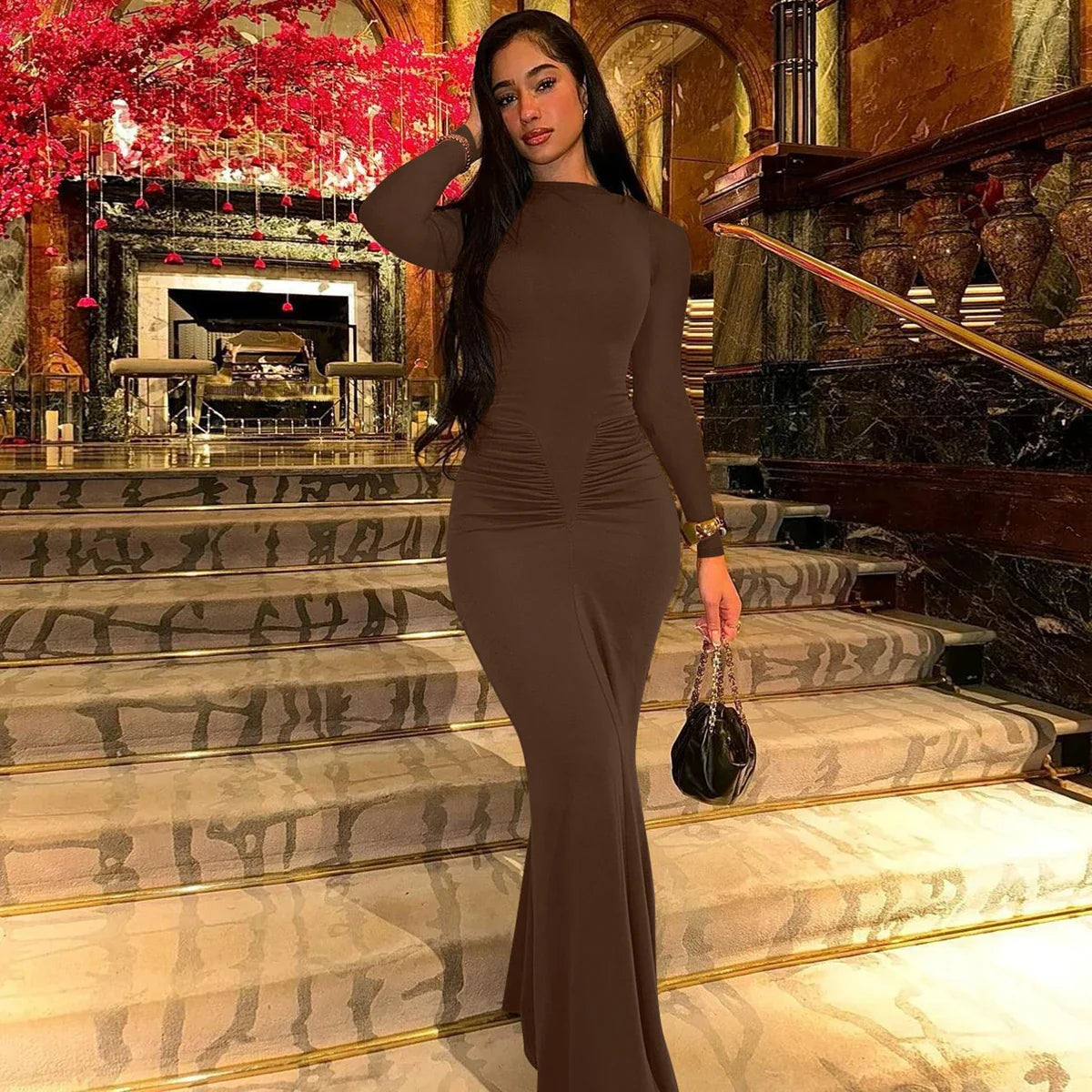 Elegant Long Sleeve Draped Bodycon Maxi Dress for Evening Parties and Festivals with Stylish Y2K Inspiration