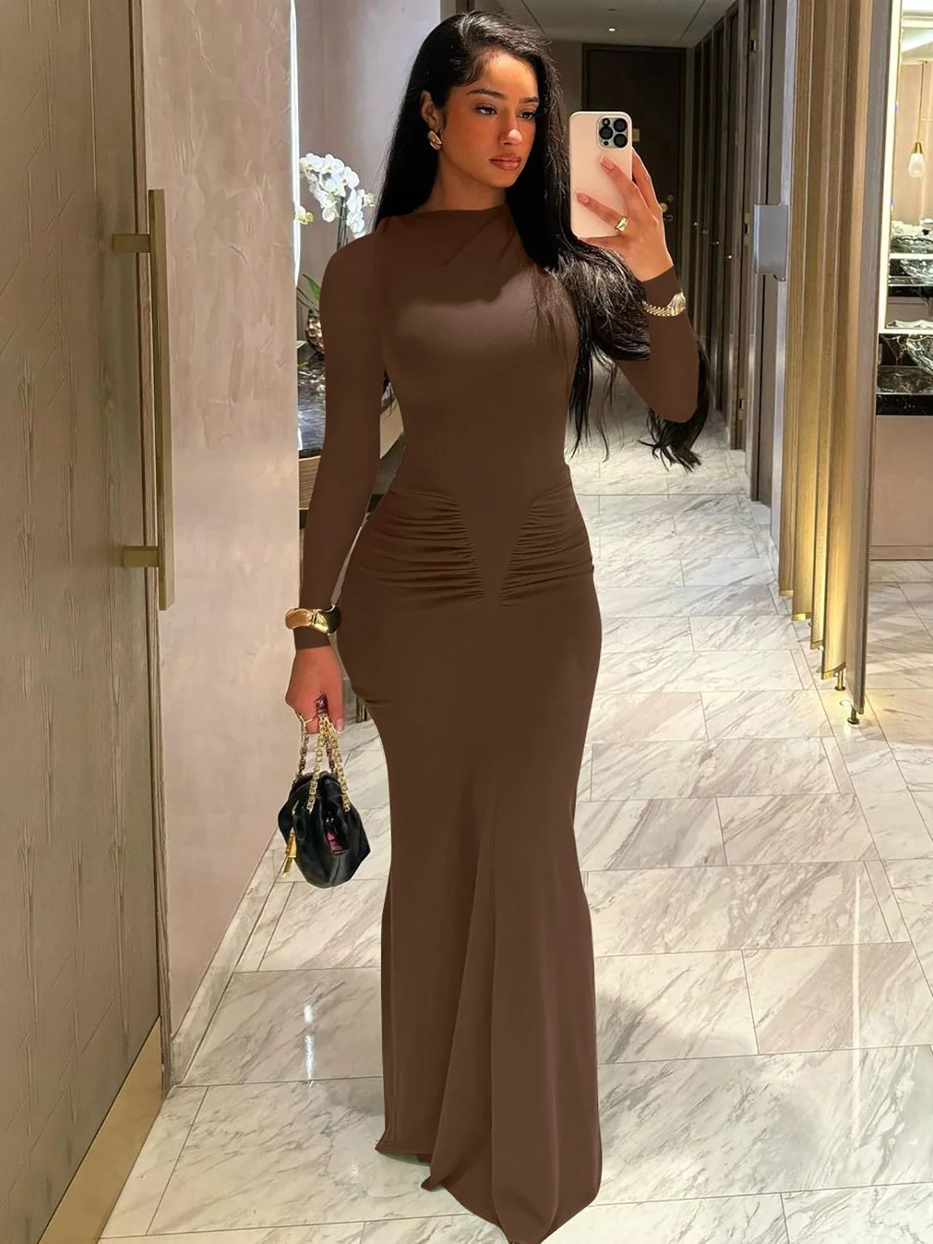 Elegant Long Sleeve Draped Bodycon Maxi Dress for Evening Parties and Festivals with Stylish Y2K Inspiration