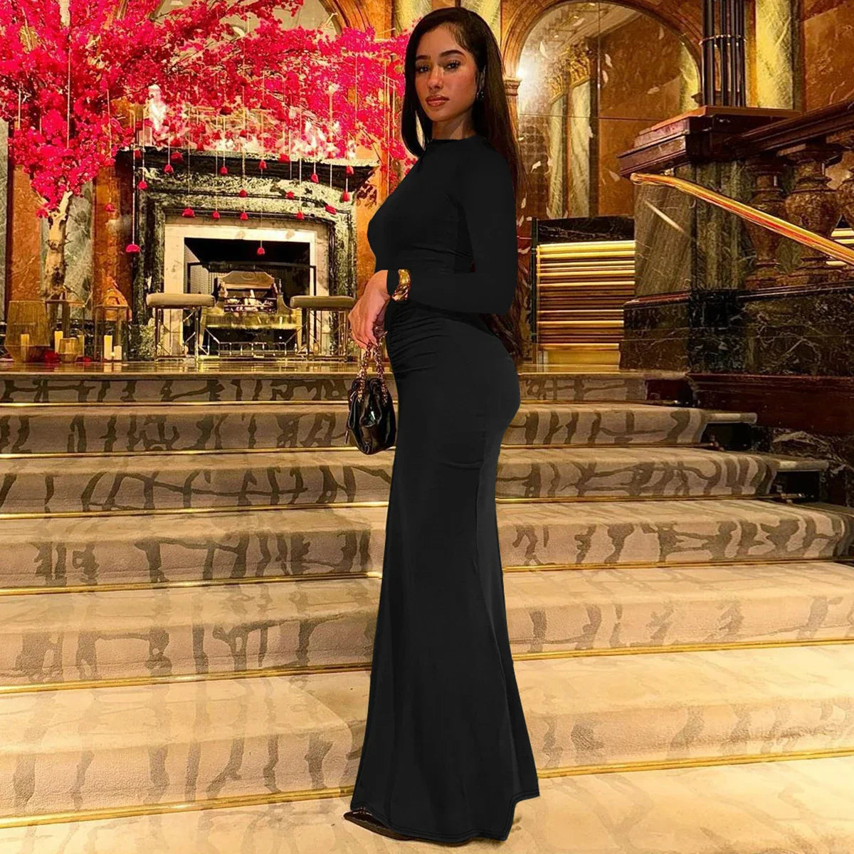 Elegant Long Sleeve Draped Bodycon Maxi Dress for Evening Parties and Festivals with Stylish Y2K Inspiration