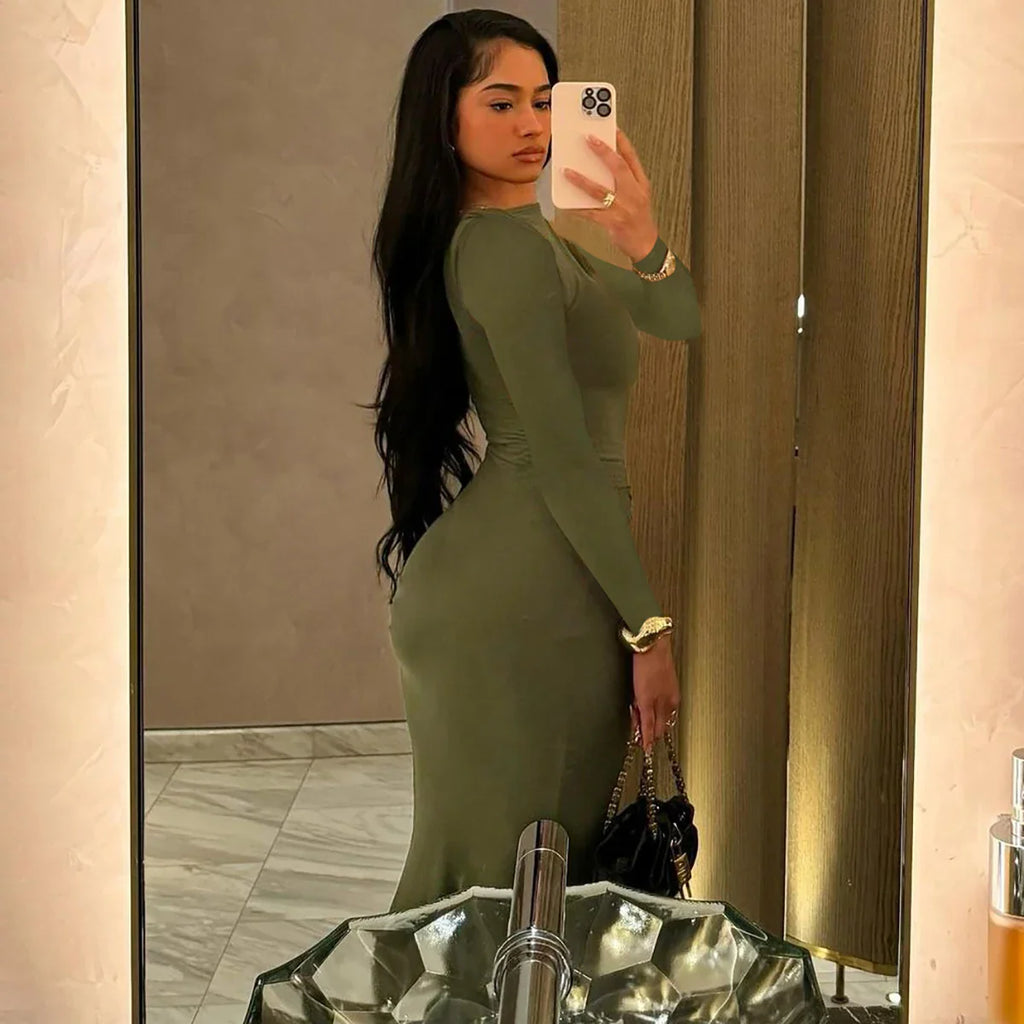 Elegant Long Sleeve Draped Bodycon Maxi Dress for Evening Parties and Festivals with Stylish Y2K Inspiration