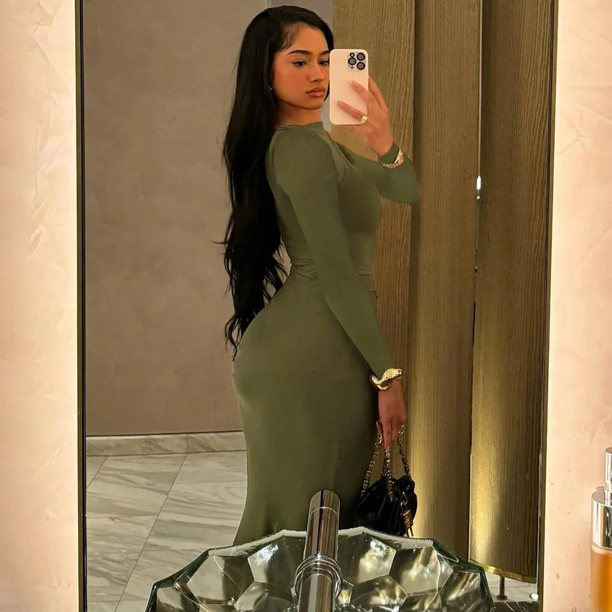 Elegant Long Sleeve Draped Bodycon Maxi Dress for Evening Parties and Festivals with Stylish Y2K Inspiration