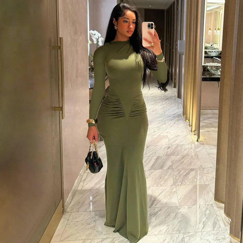 Elegant Long Sleeve Draped Bodycon Maxi Dress for Evening Parties and Festivals with Stylish Y2K Inspiration