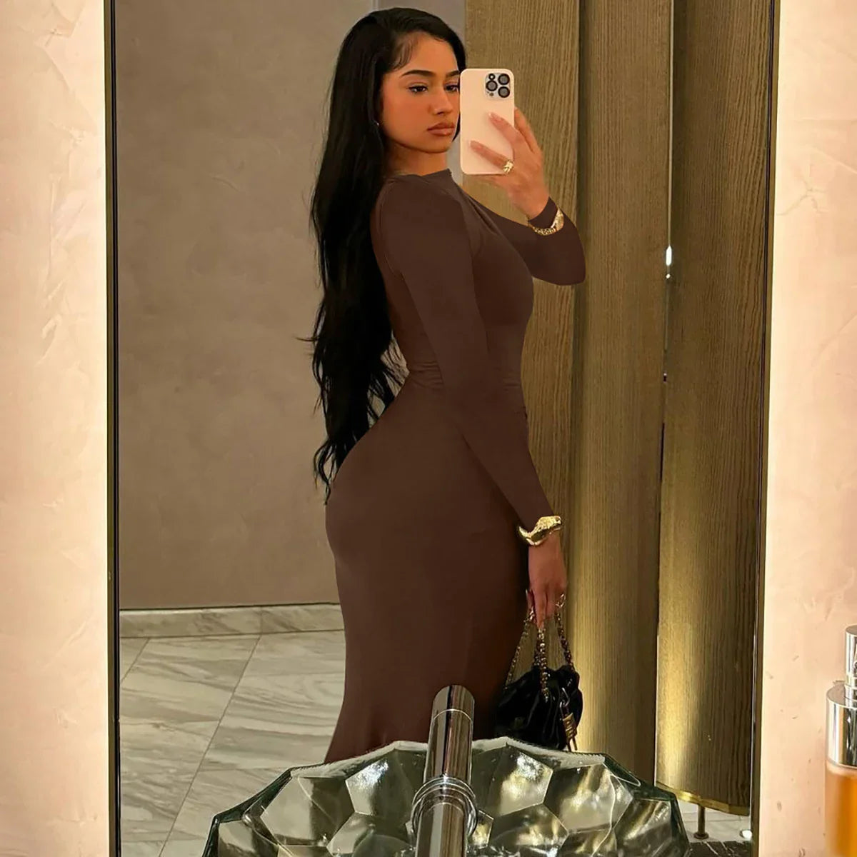 Elegant Long Sleeve Draped Bodycon Maxi Dress for Evening Parties and Festivals with Stylish Y2K Inspiration