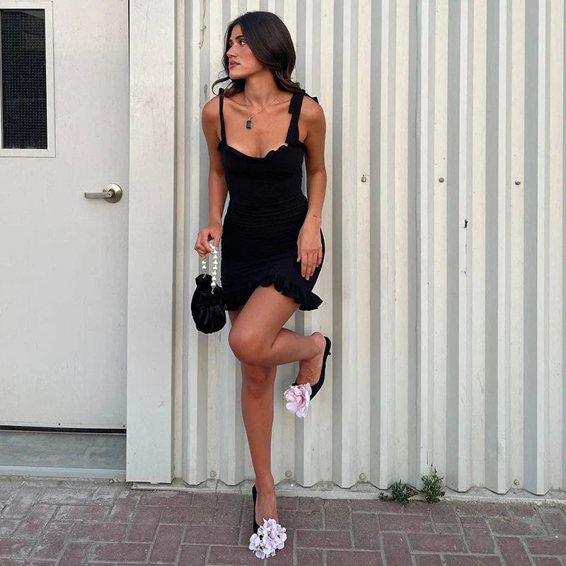 Elegant Solid Slim Mini Dress for Women with Ruffles Backless Bandage Patchwork Perfect for Birthday Parties and Vacations