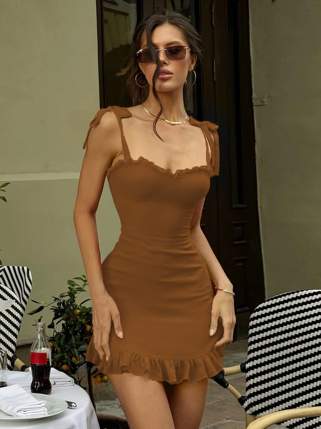 Elegant Solid Slim Mini Dress for Women with Ruffles Backless Bandage Patchwork Perfect for Birthday Parties and Vacations