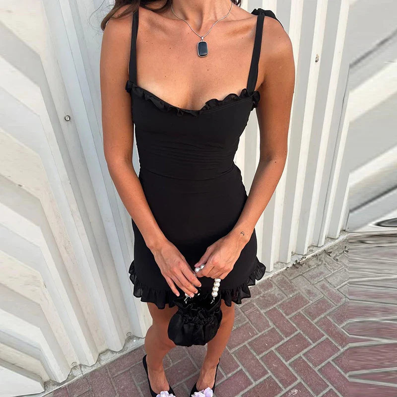 Elegant Solid Slim Mini Dress for Women with Ruffles Backless Bandage Patchwork Perfect for Birthday Parties and Vacations