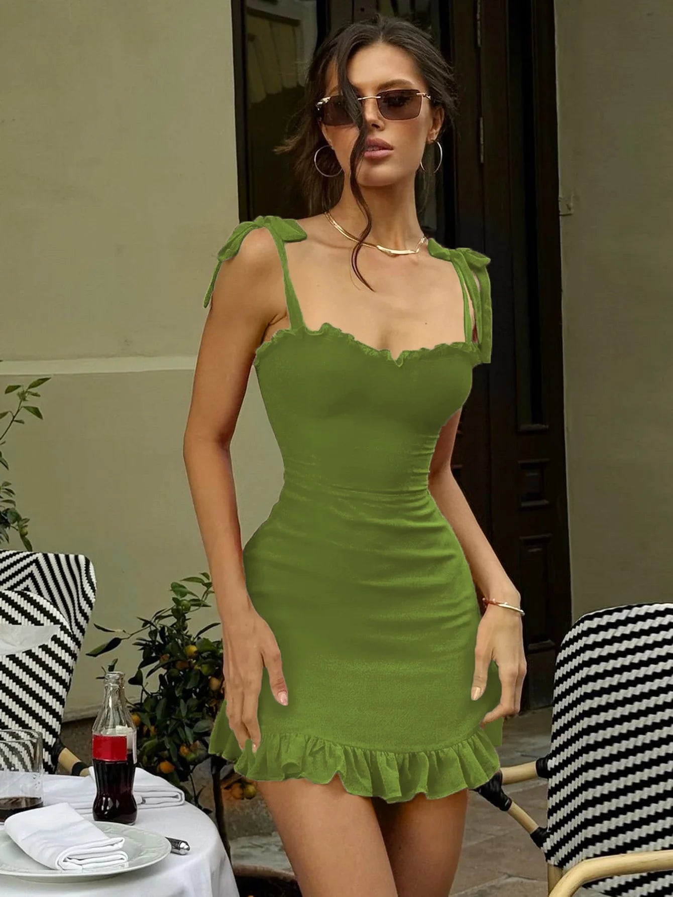 Elegant Solid Slim Mini Dress for Women with Ruffles Backless Bandage Patchwork Perfect for Birthday Parties and Vacations