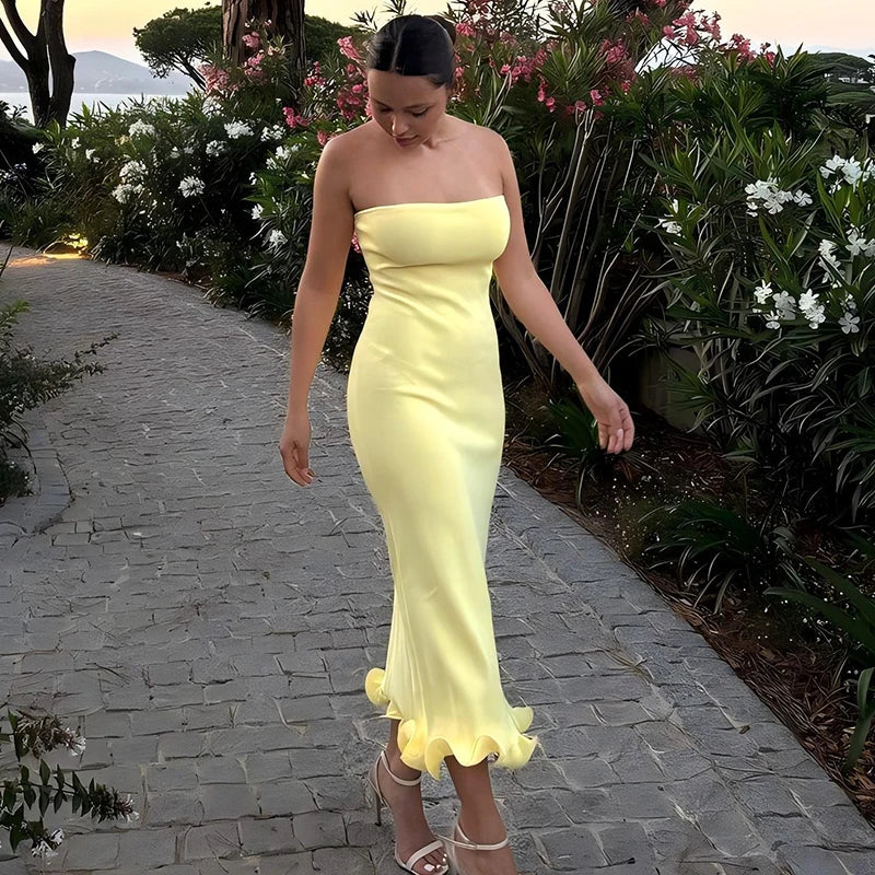 Elegant Strapless Ruffle Maxi Dress for Summer Women's Formal and Party Wear with Sexy Bodycon Fit