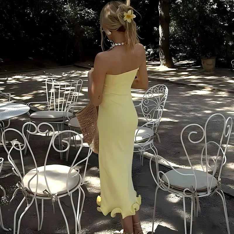 Elegant Strapless Ruffle Maxi Dress for Summer Women's Formal and Party Wear with Sexy Bodycon Fit