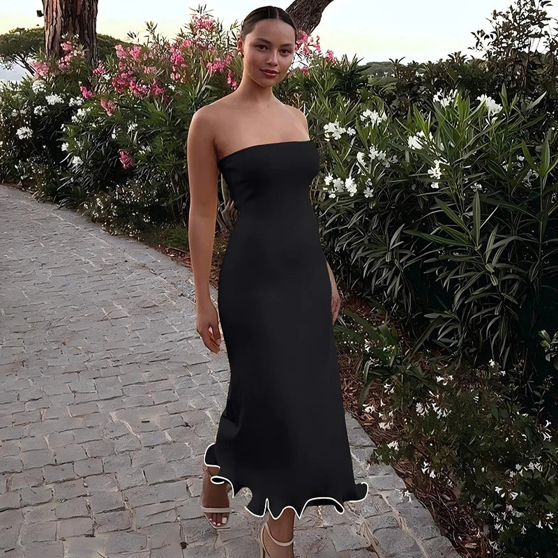 Elegant Strapless Ruffle Maxi Dress for Summer Women's Formal and Party Wear with Sexy Bodycon Fit