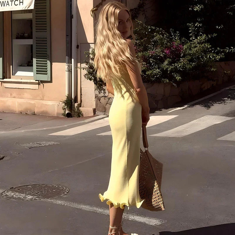 Elegant Strapless Ruffle Maxi Dress for Summer Women's Formal and Party Wear with Sexy Bodycon Fit