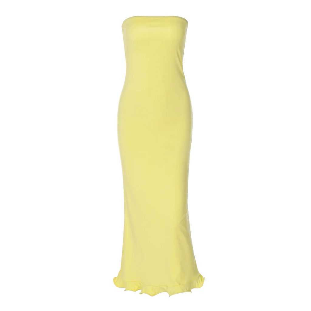 Elegant Strapless Ruffle Maxi Dress for Summer Women's Formal and Party Wear with Sexy Bodycon Fit