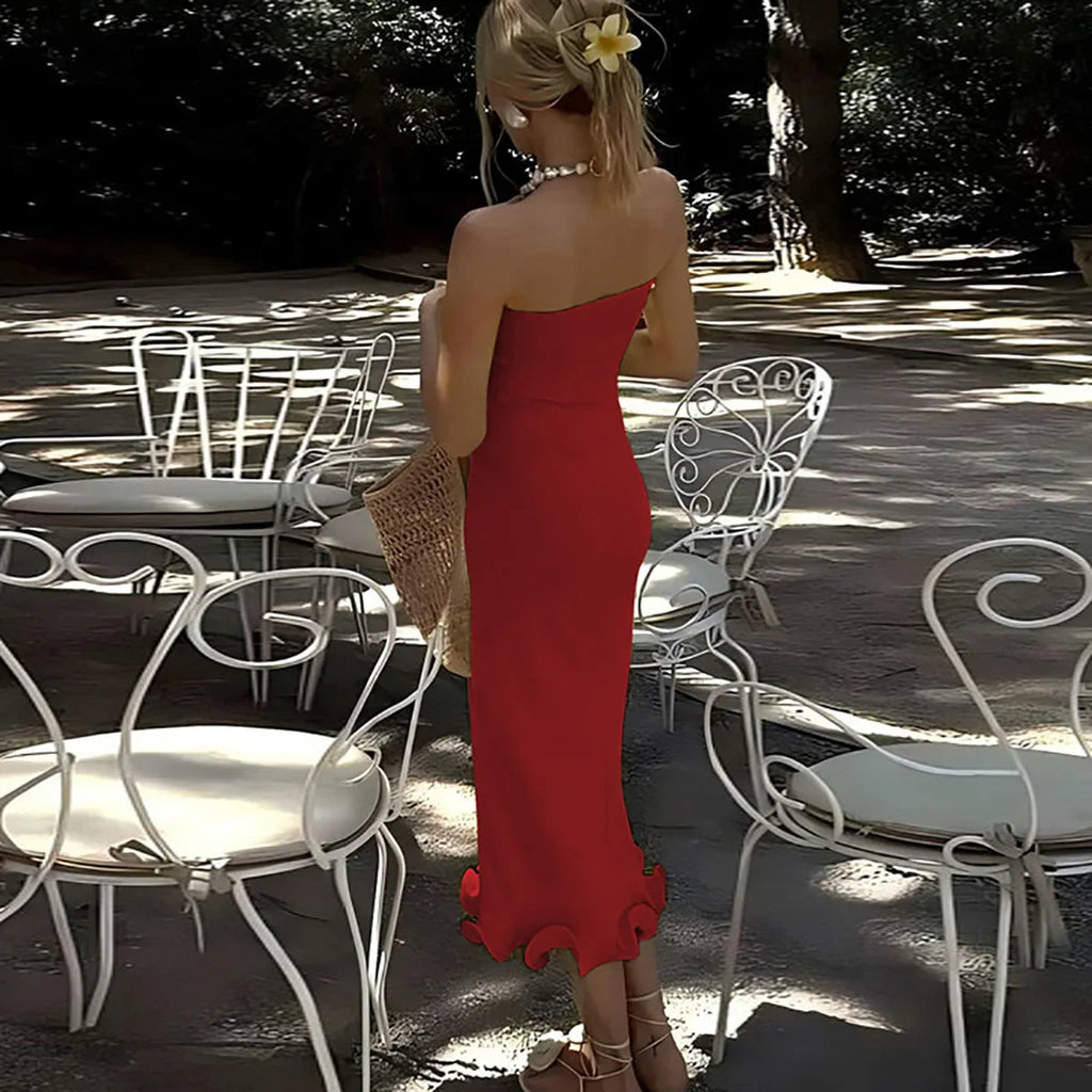 Elegant Strapless Ruffle Maxi Dress for Summer Women's Formal and Party Wear with Sexy Bodycon Fit