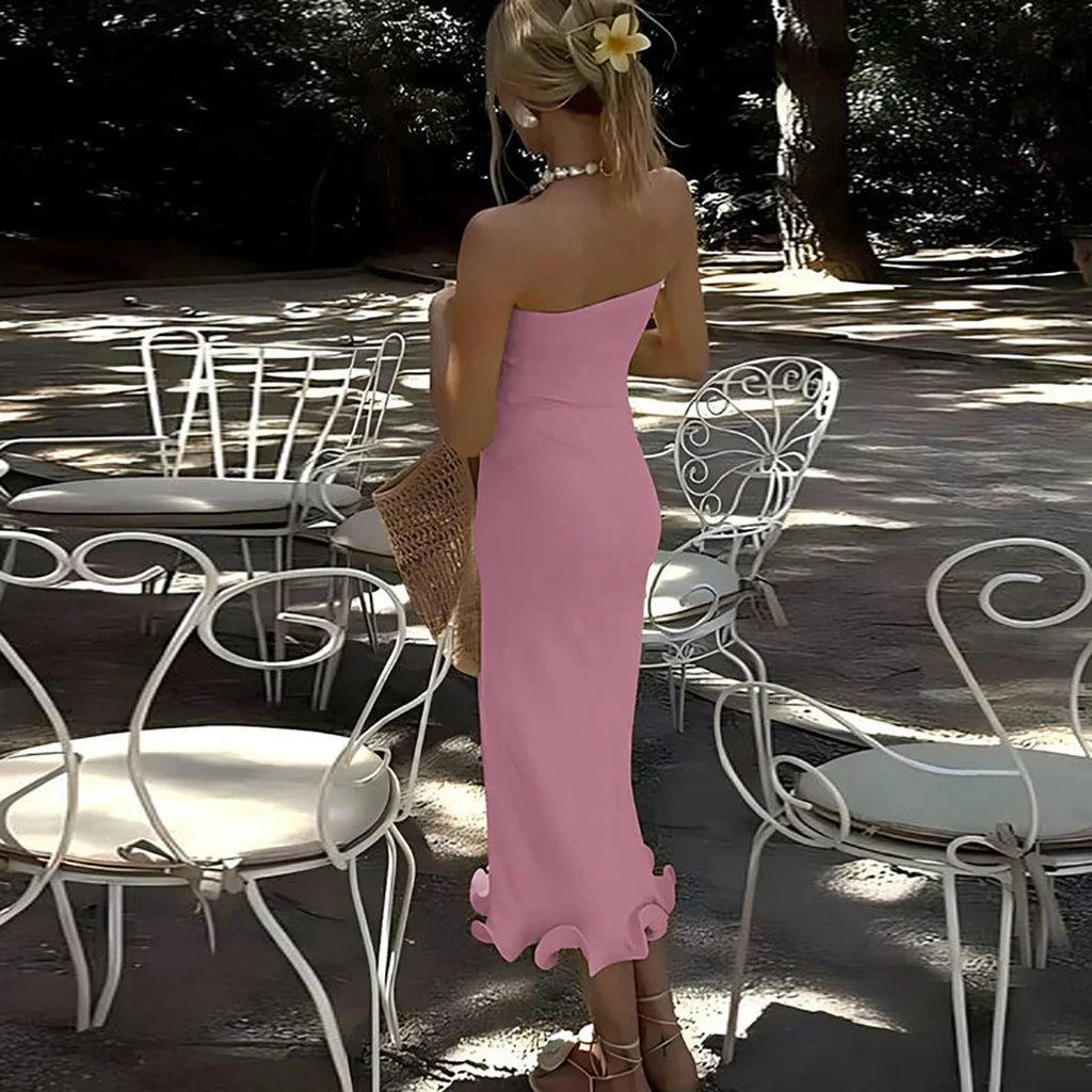 Elegant Strapless Ruffle Maxi Dress for Summer Women's Formal and Party Wear with Sexy Bodycon Fit