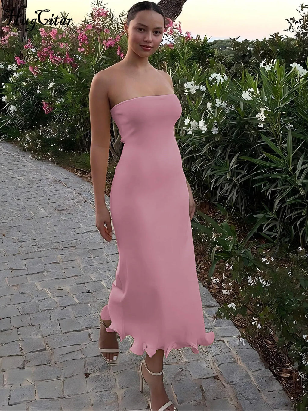 Elegant Strapless Ruffle Maxi Dress for Summer Women's Formal and Party Wear with Sexy Bodycon Fit