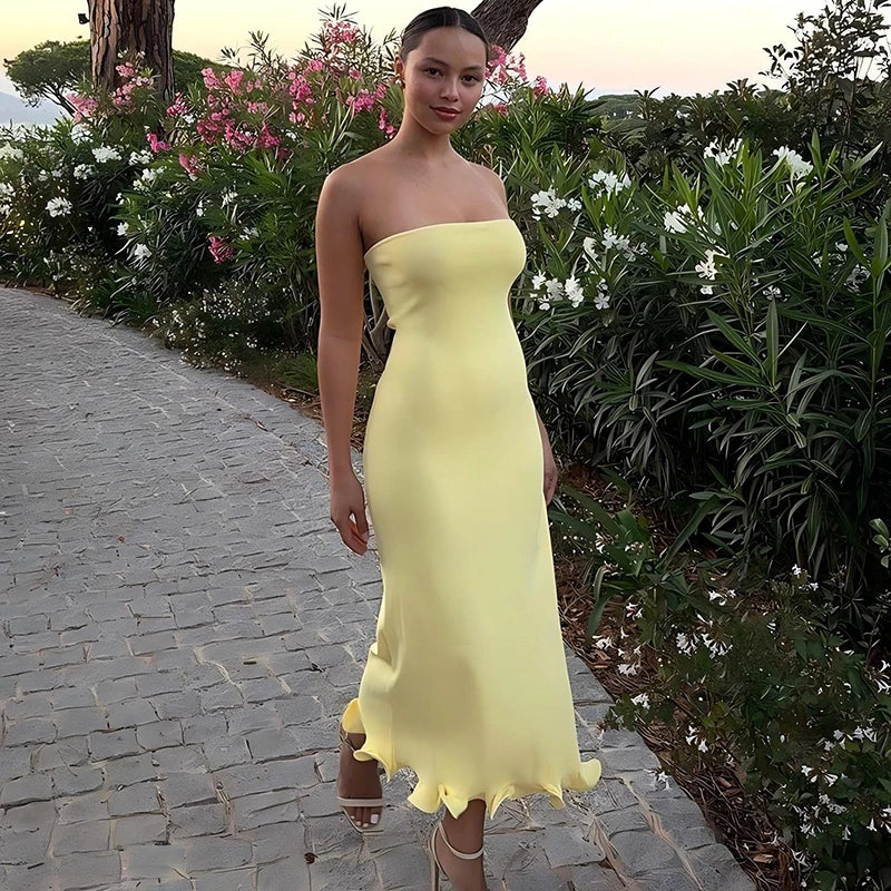 Elegant Strapless Ruffle Maxi Dress for Summer Women's Formal and Party Wear with Sexy Bodycon Fit