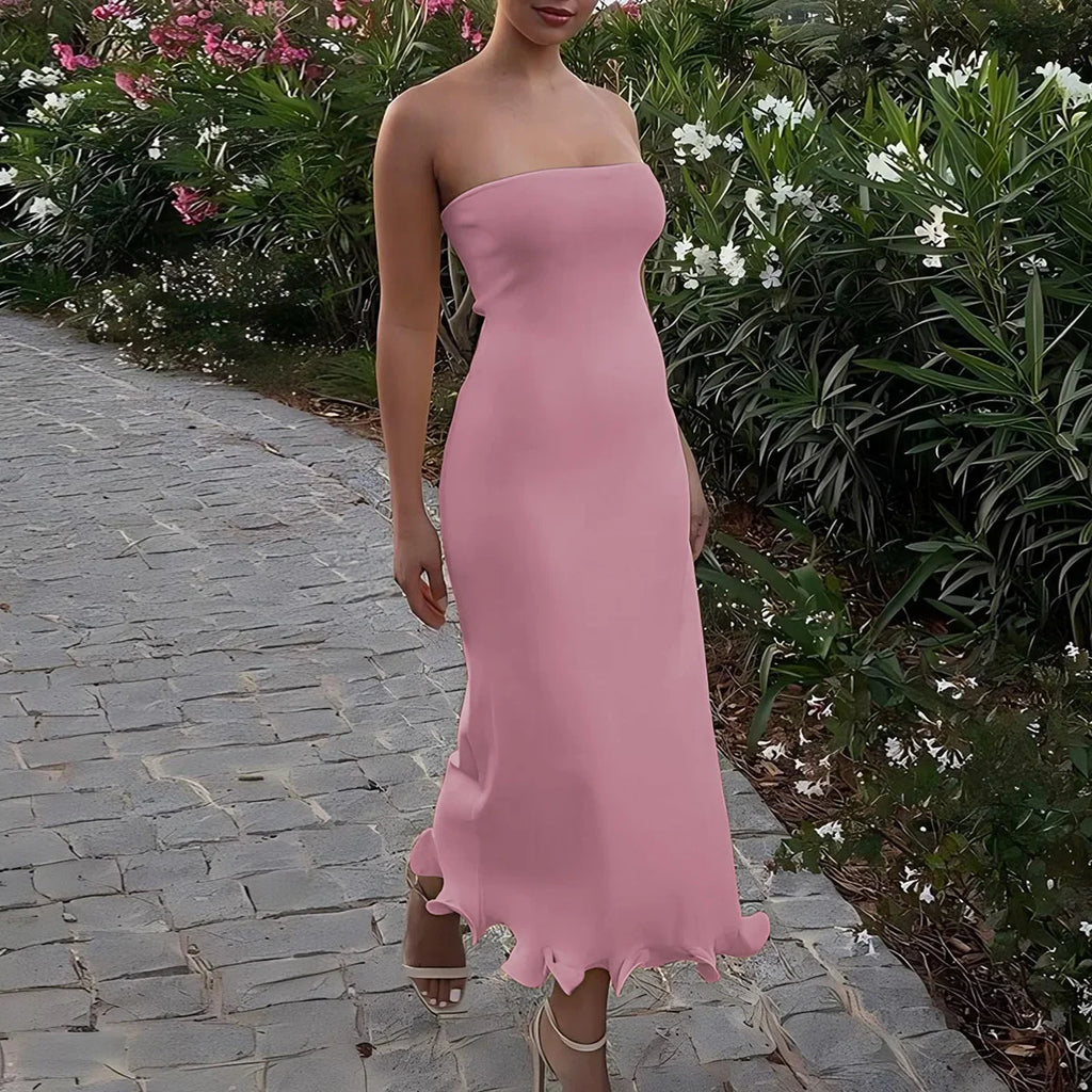 Elegant Strapless Ruffle Maxi Dress for Summer Women's Formal and Party Wear with Sexy Bodycon Fit