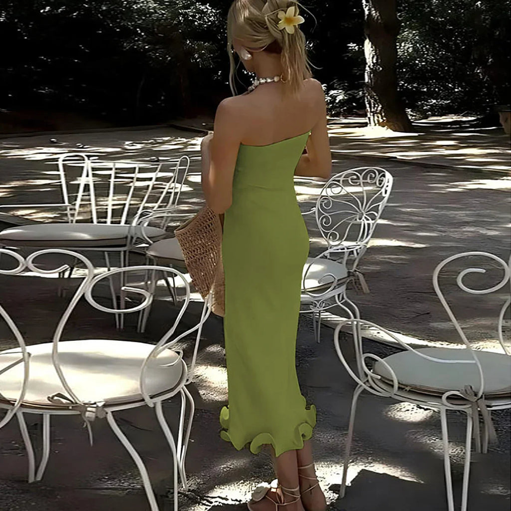 Elegant Strapless Ruffle Maxi Dress for Summer Women's Formal and Party Wear with Sexy Bodycon Fit