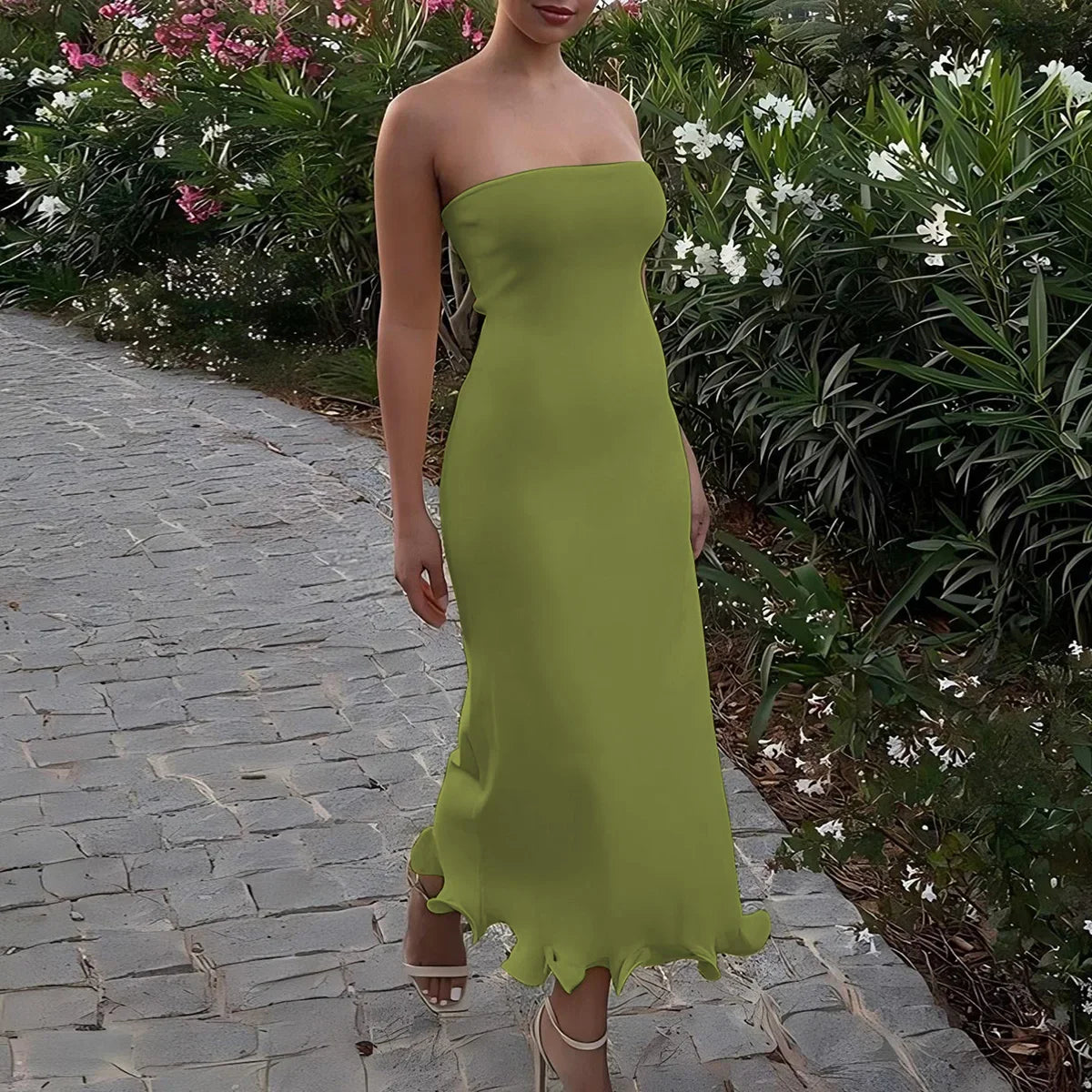 Elegant Strapless Ruffle Maxi Dress for Summer Women's Formal and Party Wear with Sexy Bodycon Fit