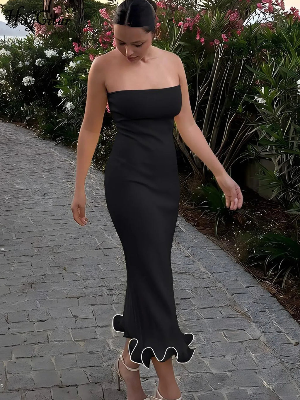 Elegant Strapless Ruffle Maxi Dress for Summer Women's Formal and Party Wear with Sexy Bodycon Fit