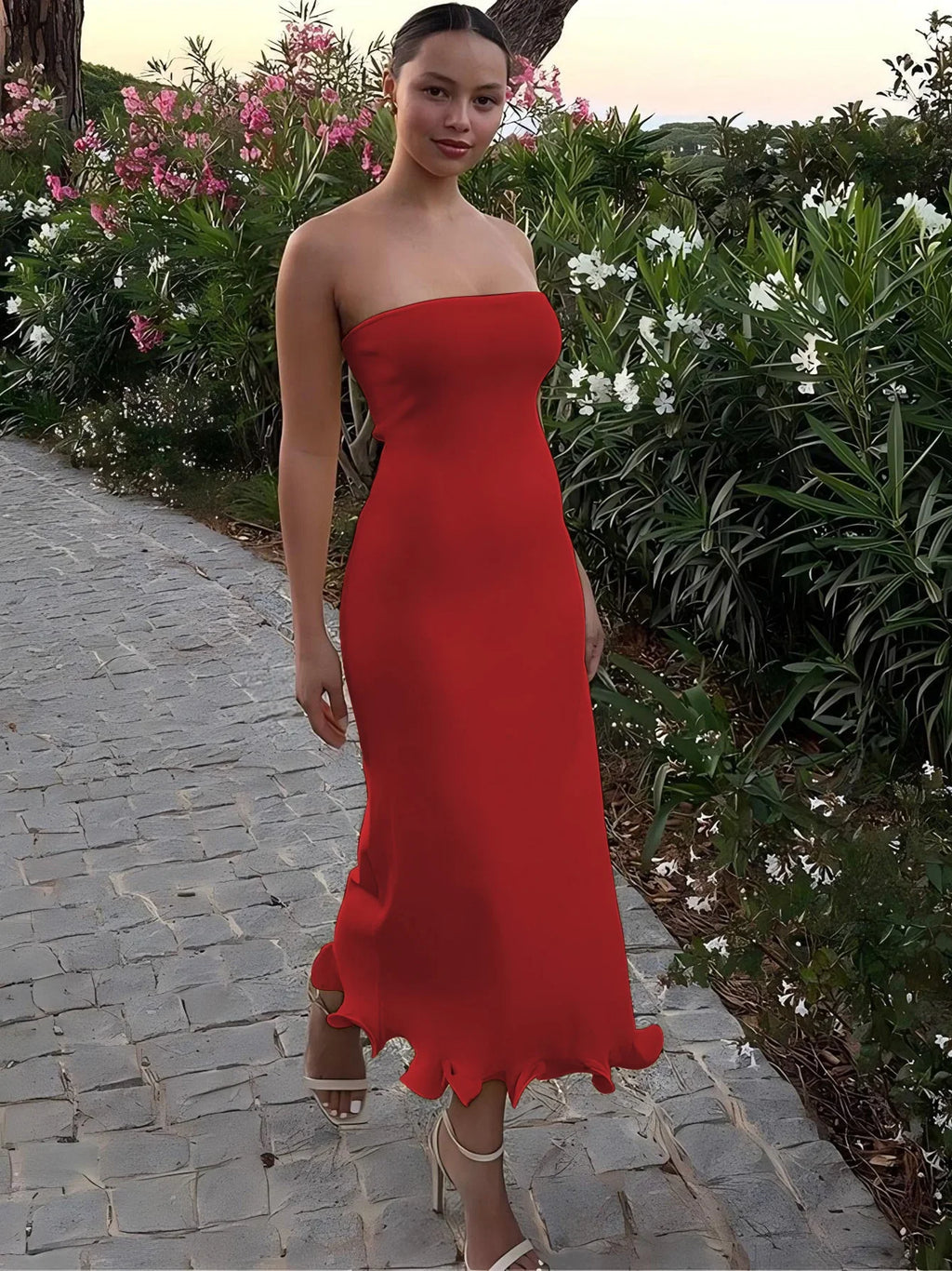 Elegant Strapless Ruffle Maxi Dress for Summer Women's Formal and Party Wear with Sexy Bodycon Fit