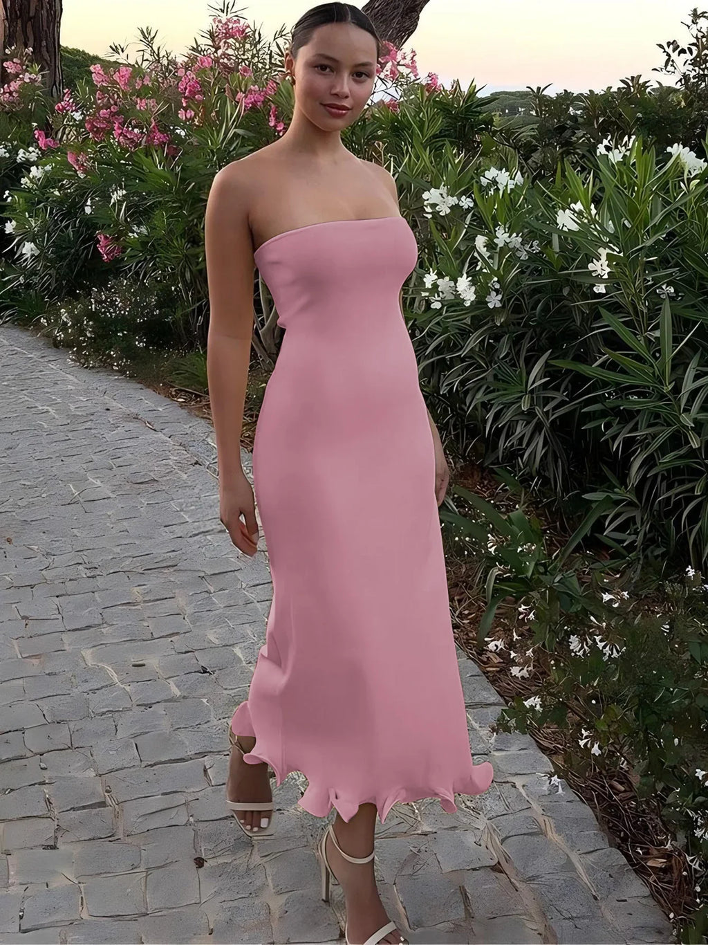 Elegant Strapless Ruffle Maxi Dress for Summer Women's Formal and Party Wear with Sexy Bodycon Fit