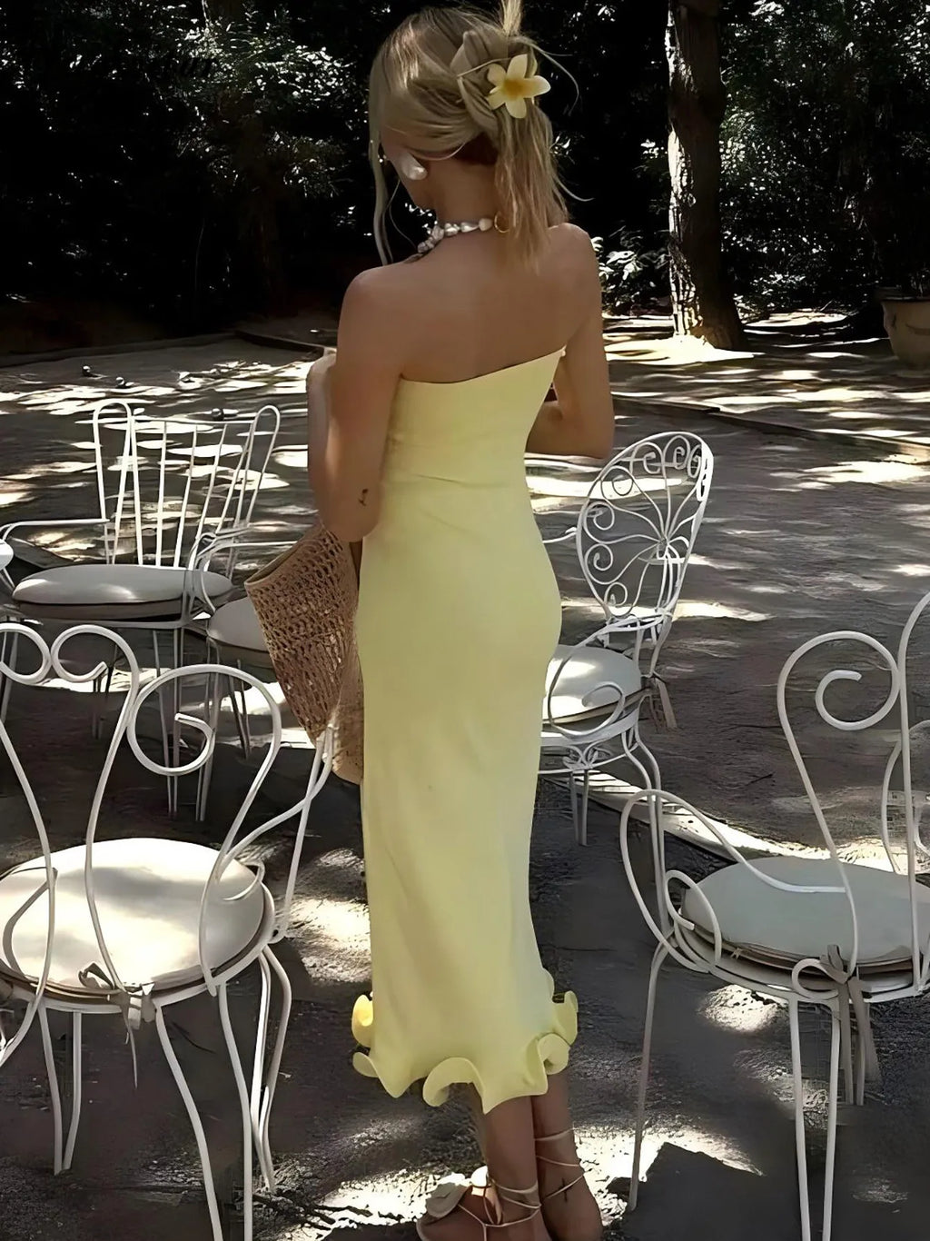 Elegant Strapless Ruffle Maxi Dress for Summer Women's Formal and Party Wear with Sexy Bodycon Fit