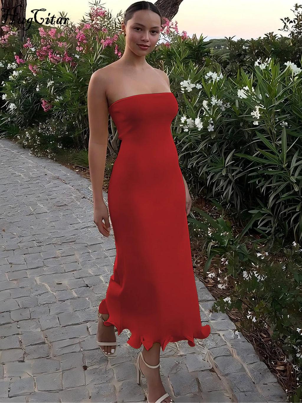 Elegant Strapless Ruffle Maxi Dress for Summer Women's Formal and Party Wear with Sexy Bodycon Fit