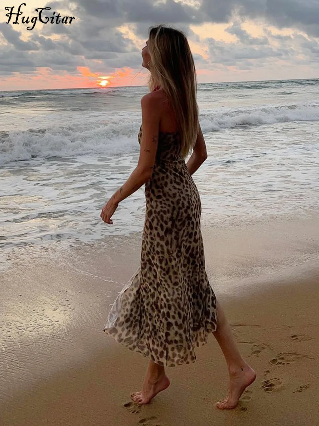 Women's Leopard Print Strapless Bodycon Midi Dress with Slit for Summer Beach Vacation and Club Outfits