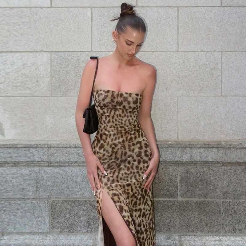 Women's Leopard Print Strapless Bodycon Midi Dress with Slit for Summer Beach Vacation and Club Outfits