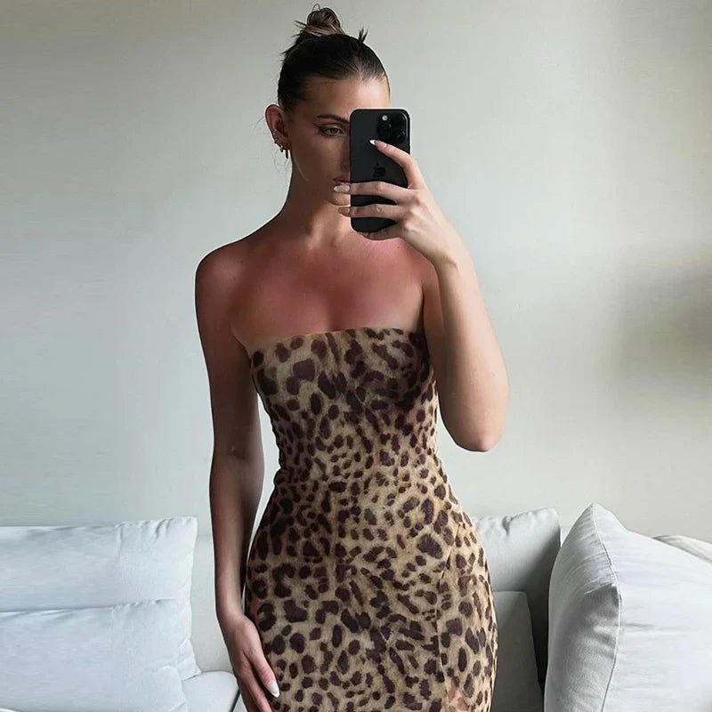 Women's Leopard Print Strapless Bodycon Midi Dress with Slit for Summer Beach Vacation and Club Outfits