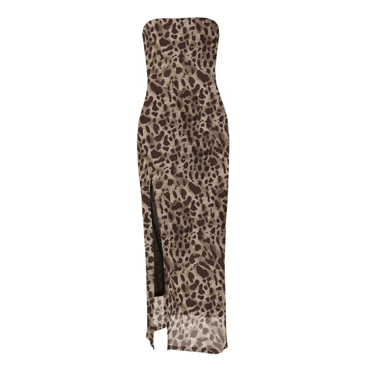 Women's Leopard Print Strapless Bodycon Midi Dress with Slit for Summer Beach Vacation and Club Outfits