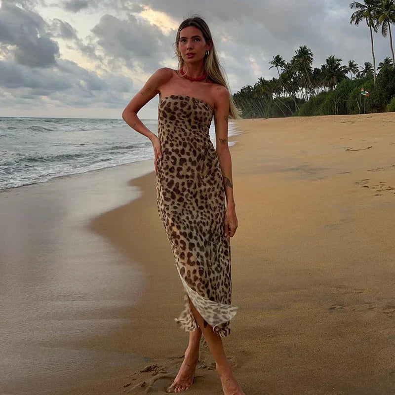 Women's Leopard Print Strapless Bodycon Midi Dress with Slit for Summer Beach Vacation and Club Outfits