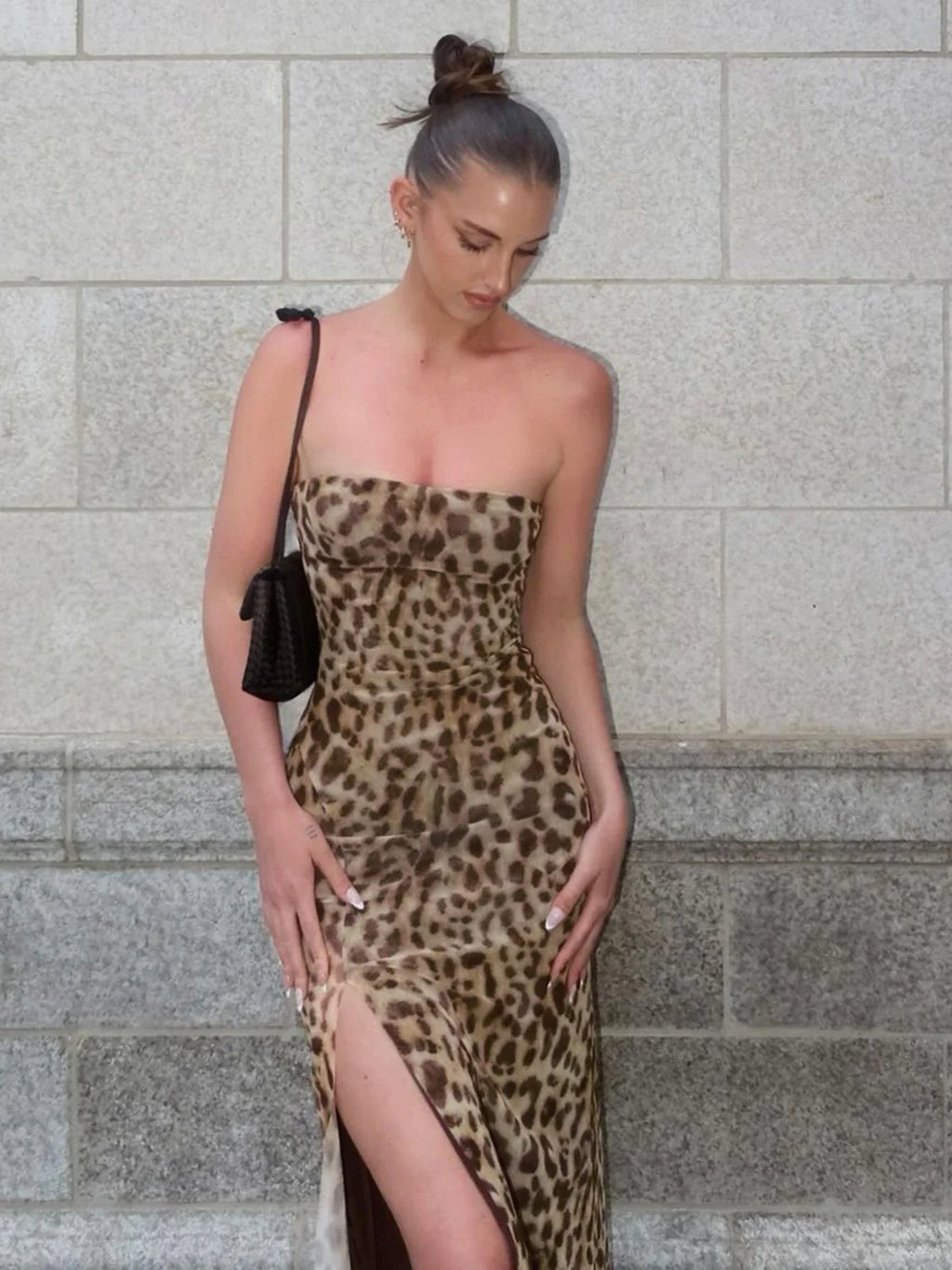 Women's Leopard Print Strapless Bodycon Midi Dress with Slit for Summer Beach Vacation and Club Outfits