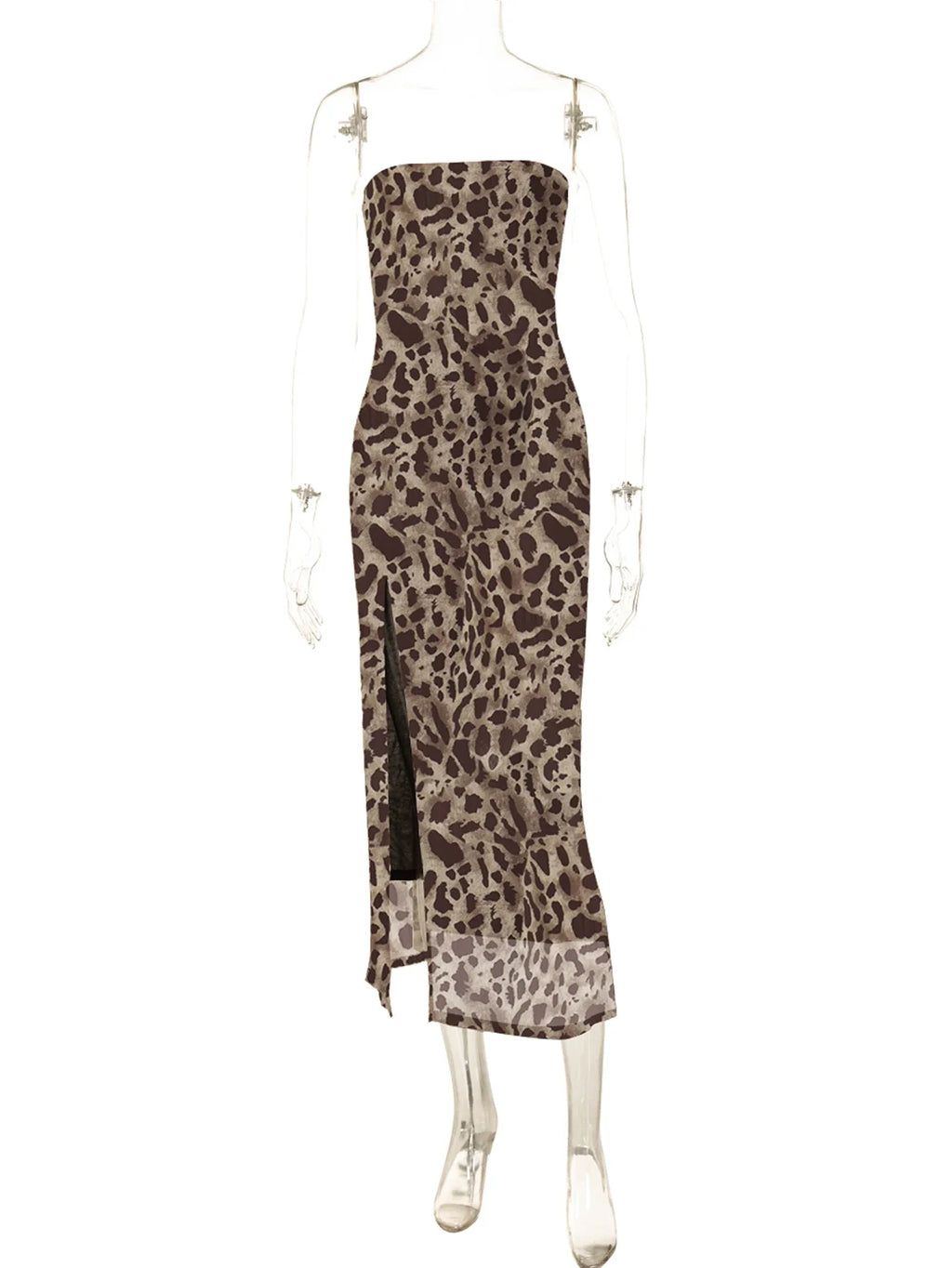 Women's Leopard Print Strapless Bodycon Midi Dress with Slit for Summer Beach Vacation and Club Outfits