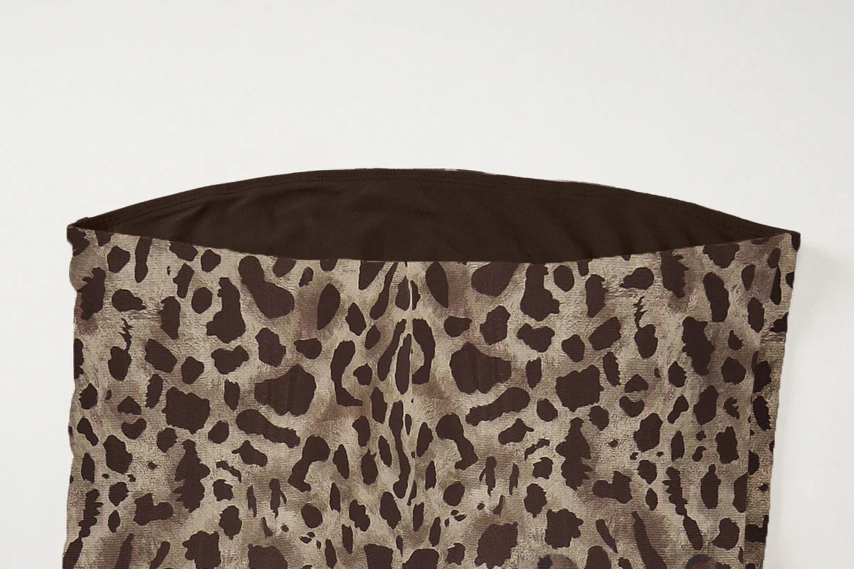 Women's Leopard Print Strapless Bodycon Midi Dress with Slit for Summer Beach Vacation and Club Outfits