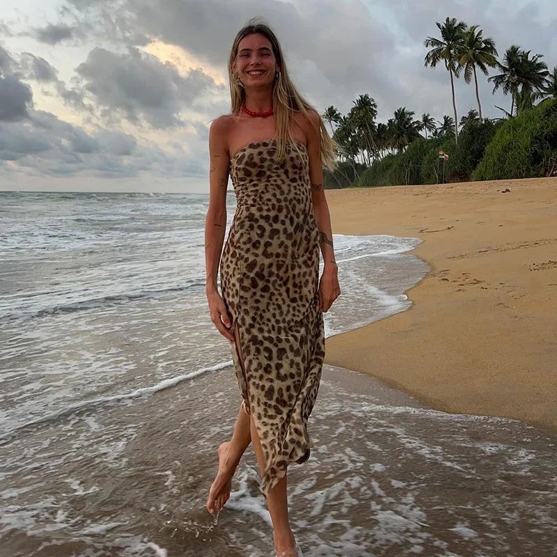 Women's Leopard Print Strapless Bodycon Midi Dress with Slit for Summer Beach Vacation and Club Outfits
