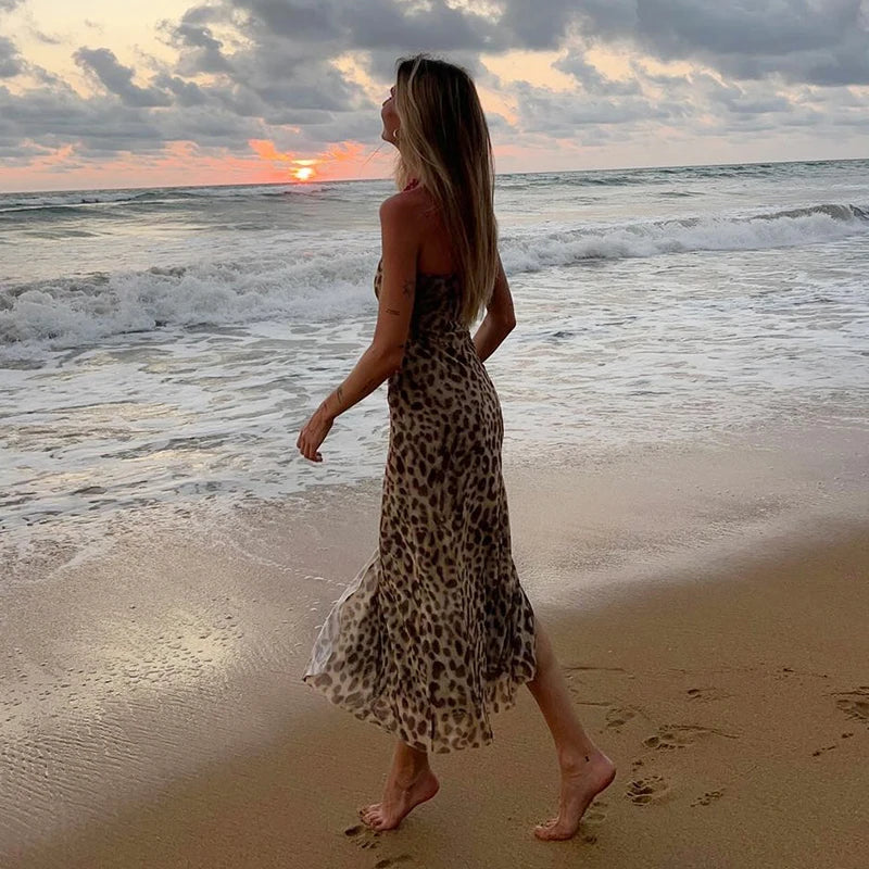 Women's Leopard Print Strapless Bodycon Midi Dress with Slit for Summer Beach Vacation and Club Outfits