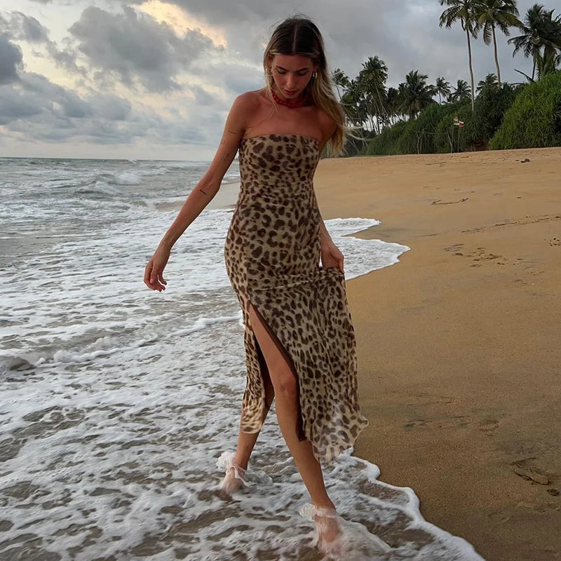 Women's Leopard Print Strapless Bodycon Midi Dress with Slit for Summer Beach Vacation and Club Outfits