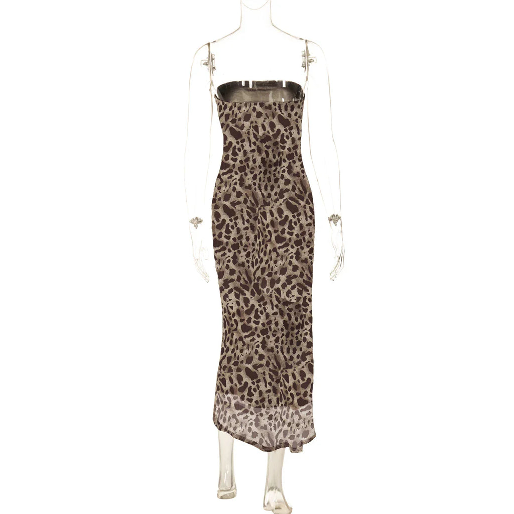 Women's Leopard Print Strapless Bodycon Midi Dress with Slit for Summer Beach Vacation and Club Outfits